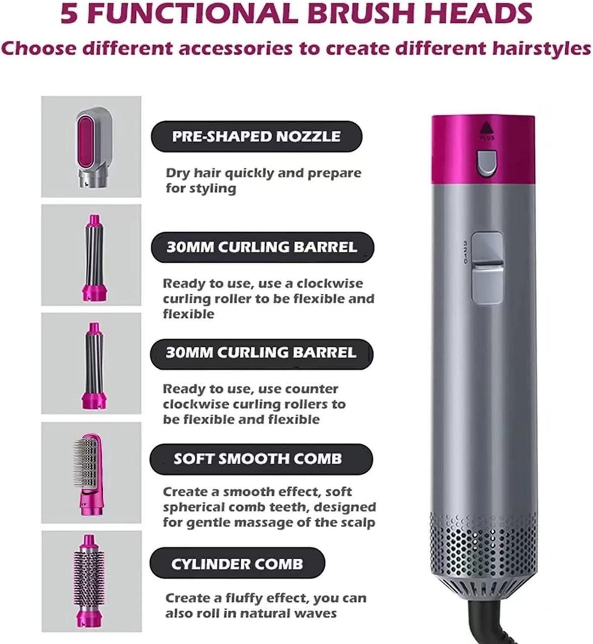 5 in 1 Multifunctional Hair Dryer Styling Tool, Detachable 5-in-1 Multi-Head Hot Air Comb, The Negative Ion Automatic Suction Hair Curle.